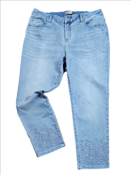Chico's Denim - Chico's Ligh Wash Stretch Denim High Rise Pink Floral Embroidered Ankle Jean